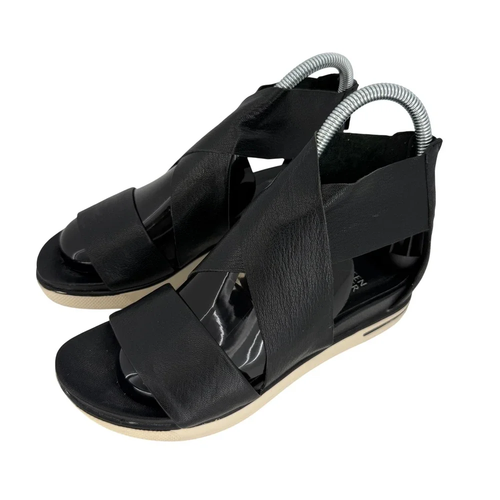 Eileen Fisher Black Leather Platform Sandals Crisscross Minimalist Luxe‎ Women 6